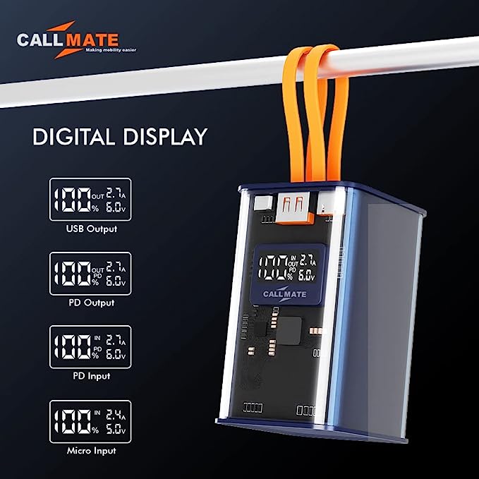 Callmate C-Thru 20000mAh Transparent Power Bank, 23W Fast Charging with Type C PD (Input & Output | 2 Output Ports and 2 Input | Digital Display (23 W, Power Delivery) (Transparent, Grey, Lithium Ion) Callmate C-Thru 20000mAh Transparent Power Bank, 23W Fast Charging with Type C PD (Input & Output | 2 Output Ports and 2 Input | Digital Display (23 W, Power Delivery) (Transparent, Grey, Lithium Ion)